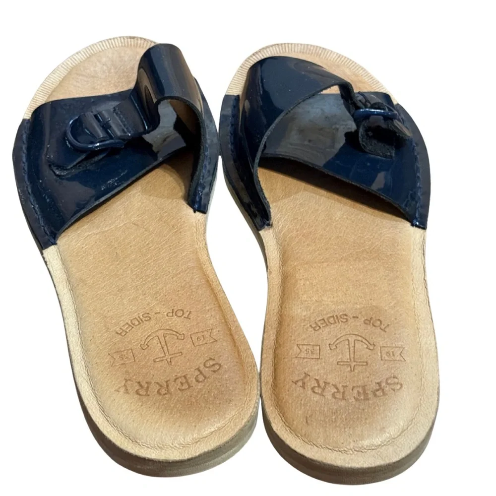 Sperry Seaport Slide‎ Sandals Women’s 6.5 Navy Patent Buckle Coastal Chic
